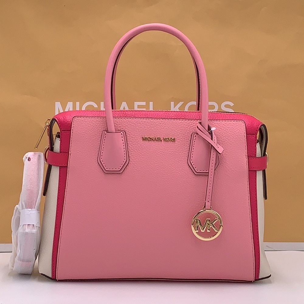 MICHAEL KORS Mercer Md Top ZipColor-Block Belted Satchel Crossbody Purse El Pink - Picture 4 of 16